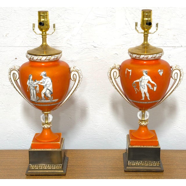 Neoclassical Late 18th Century Pair English Neoclassical Orange Ground Ashworth Ironstone Urns, as Lamps For Sale - Image 3 of 15