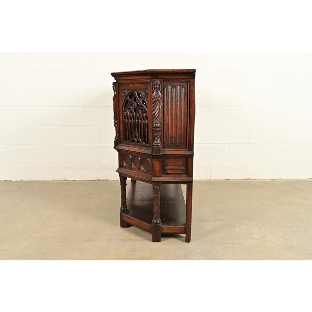 Antique French Gothic Revival Oak Bar Cabinet With Carved Figures, Circa 1890s For Sale - Image 13 of 15