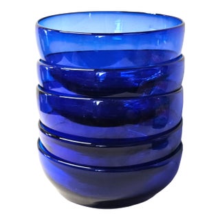 Pottery Barn Talavera Blue & White Floral Ceramic Bowls, Set of 5, Mexico, Late 20th Century For Sale