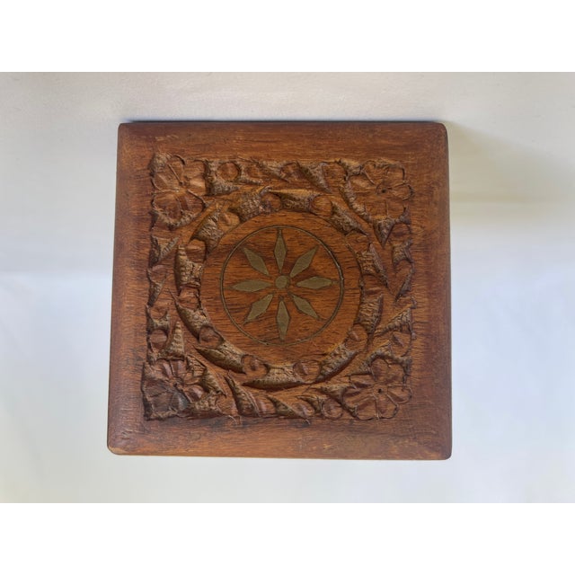 Indian 1970's Indian Hand Carved Teak Hinged Jewelry Box For Sale - Image 3 of 7