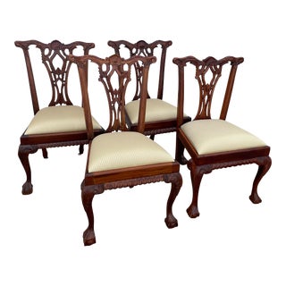 1970s Vintage Set 4 Carved Mahogany Chippendale Chairs For Sale