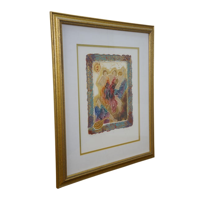 Limited edition carborundum etching titled "Graces IV" by Roy Tonkin. Brightly colored, textured scene showing a trio of...