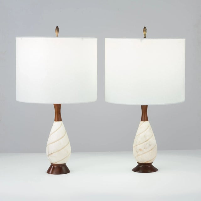 Italian Mid Century Marble Walnut Lamps Italy - a Pair For Sale - Image 3 of 13