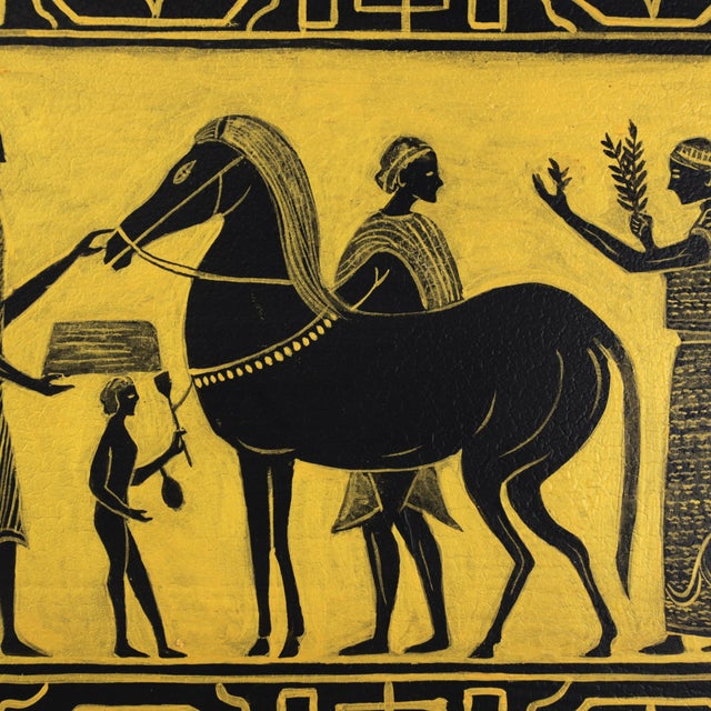 Metal Vintage Hand Painted Egyptian Revival Tole Tray Black and Gold Pharaoh Motif Rectangular Serving Tray For Sale - Image 7 of 12