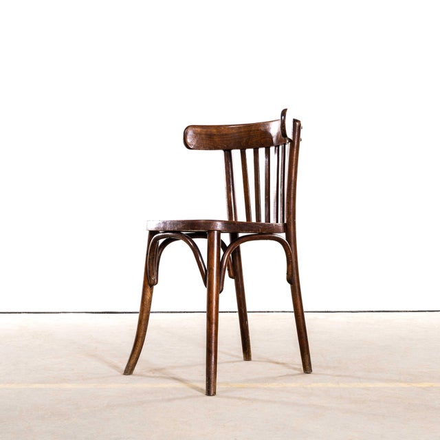 : 1950’s Standard Classic Dark Oak Bistro Dining Chairs – Flat Seat - Set Of Six This listing is for what we call a...