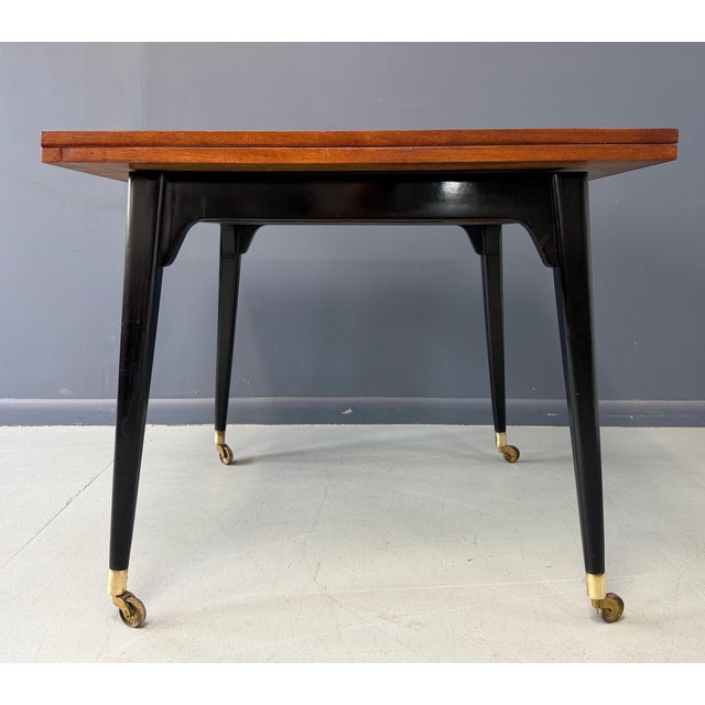 Wood 1950s Edward Wormley for Dunbar Flip-Top Expandable Table and Brass Castors For Sale - Image 7 of 12