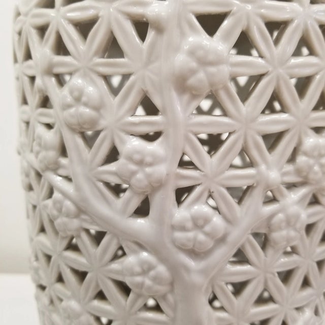 Mid 20th Century Vintage Blanc De Chine Reticulated Chinoiserie Vase With Cherry Blossom Motif For Sale - Image 5 of 7