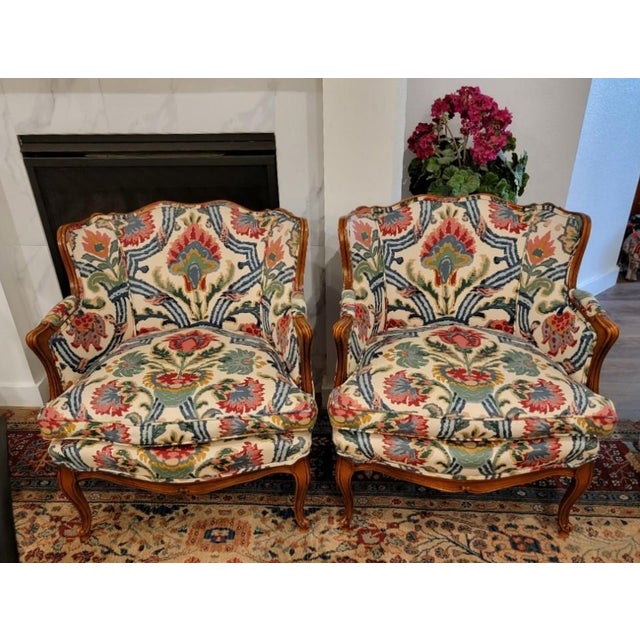 Vintage Pair of French Louis XV Style Beautifully Upholstered Bergere Chairs For Sale - Image 9 of 9