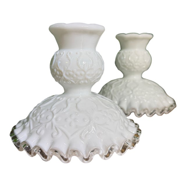 Vintage Fenton Art Glass "Silver Crest" Candlestick Holders For Sale