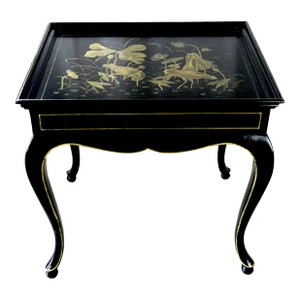 Square Side Table With Hand-Painted Golden Lotus Pattern on Glossy Black Lacquer.