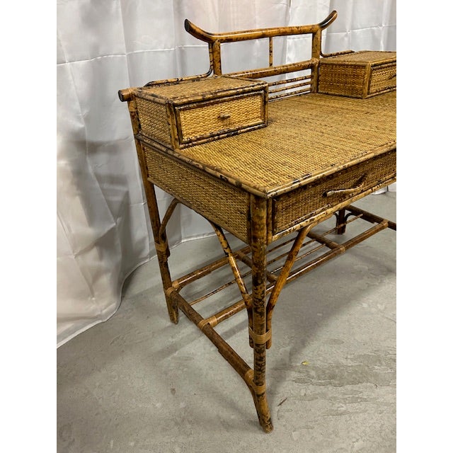 English Vintage Burnt Bamboo Rattan Pagoda Desk With Chair For Sale - Image 3 of 14