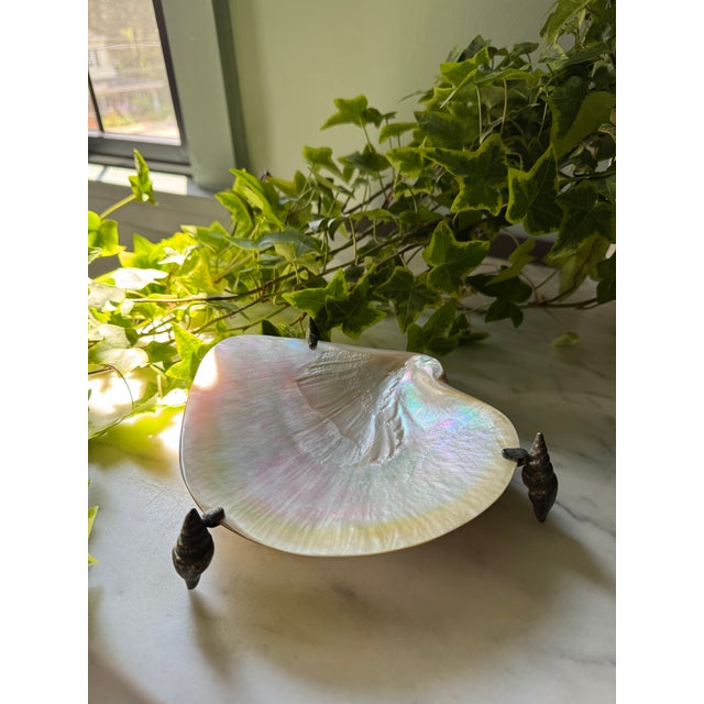 Hollywood Regency Vintage Maitland-Smith Mother-of-Pearl & Brass Footed Caviar Dish For Sale - Image 3 of 6