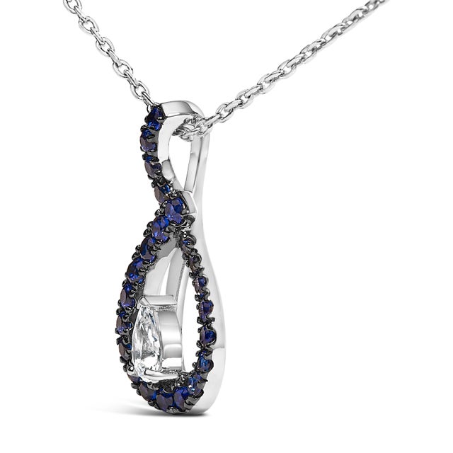 Contemporary .925 Sterling Silver Created Blue and White Sapphire Teardrop Shaped Pendant Necklace - 18" Inches For Sale - Image 3 of 5