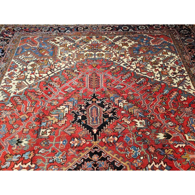 Vintage Oversize Heriz Rug, Hand-Knotted Geometric Pattern, Red & Ivory, 11’ X 19’ For Sale - Image 11 of 12