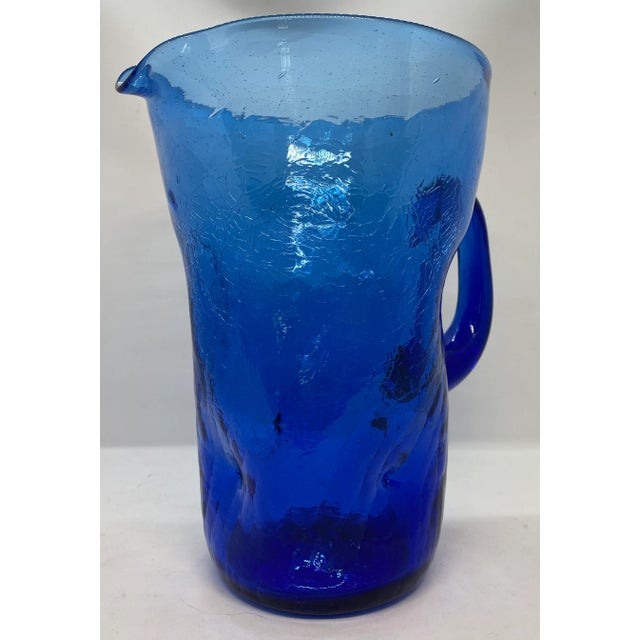 Mid-Century West Virginia Bischoff Glass Company Cobalt Blue Crackle Glass Pitcher For Sale - Image 4 of 12