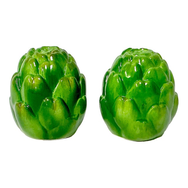 1980s Vintage Boho Chic Trompe L’Oeil Artichoke Salt & Pepper Shakers - A Pair. For Sale
