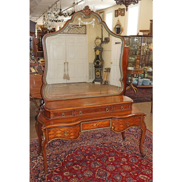 French French Louis XV Style Walnut Inlaid Acid Etched Vanity Circa 1920's For Sale - Image 3 of 16