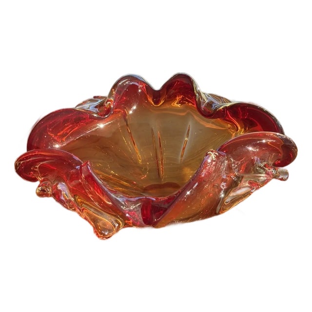 Vintage Murano-Style Hand Blown Art Glass Freeform Red Amber Bowl For Sale