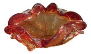Vintage Murano-Style Hand Blown Art Glass Freeform Red Amber Bowl