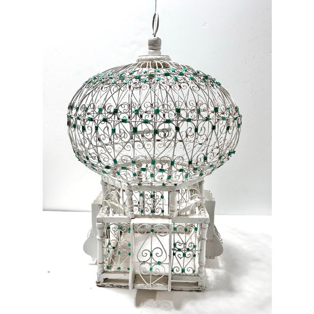 French Country Whitewashed Metal Birdcage Sculpture – Ornate Decorative Cage With Green Jewel Accents, Garden Room Decor For Sale In Louisville - Image 6 of 12