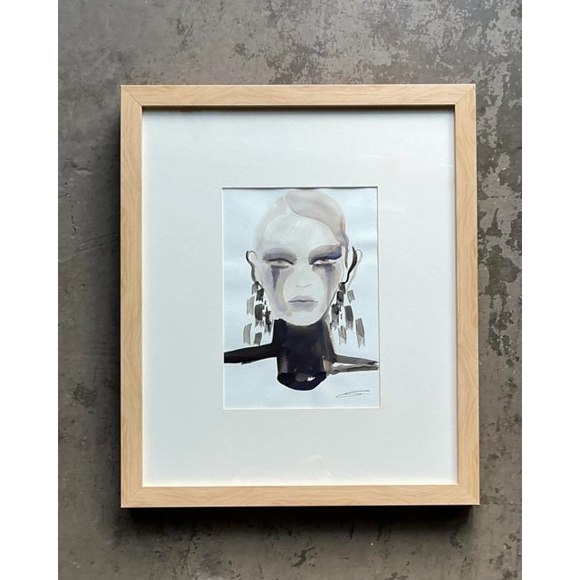 Vintage Original Watercolor Portrait on Paper For Sale - Image 4 of 5