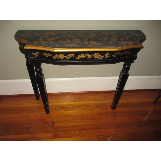 Art Nouveau Vintage French Art Nouveau Black With Gold Roses Wood Library / Console Table For Sale - Image 3 of 10