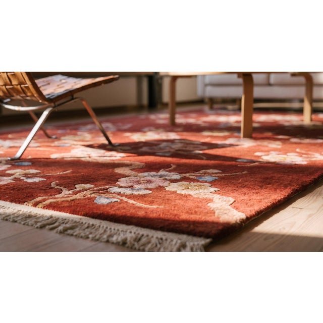 Luxurious Ruby Red Color With Lovely Floral Design Chinese Art Deco Rug For Sale - Image 12 of 13