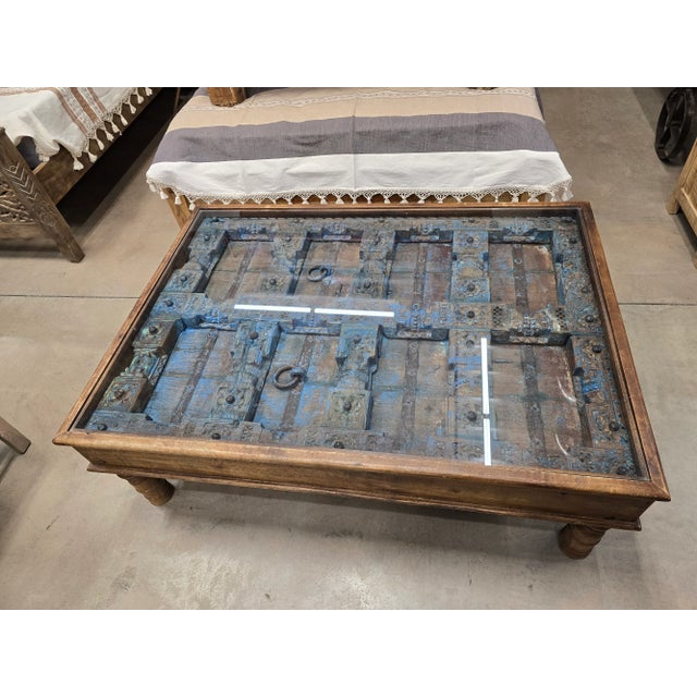 Antique Door Coffee Table With Glass Top For Sale - Image 4 of 8
