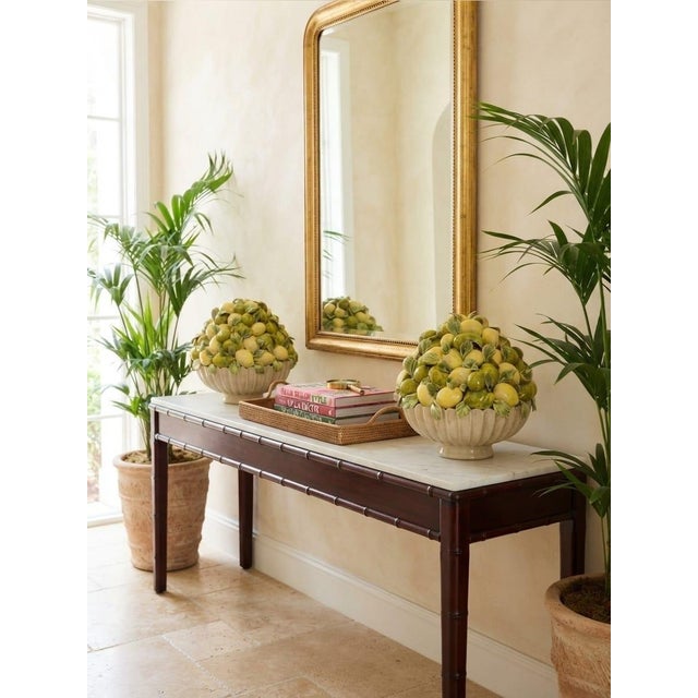 Pair of Vintage Italian Majolica Ceramic Lemon Pyramids in Scalloped Footed Bowls For Sale - Image 11 of 12