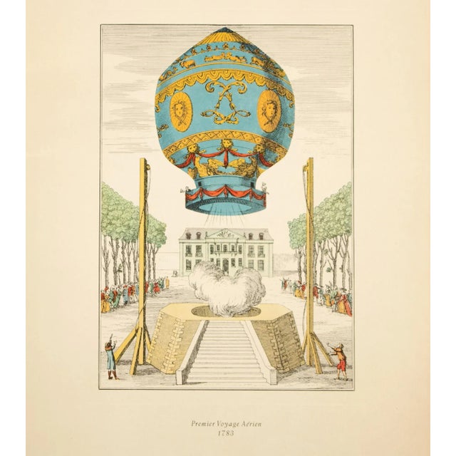 1950s 1956 "First Air Travel 1783" Balloon, Large Vintage Offset Lithograph For Sale - Image 5 of 9
