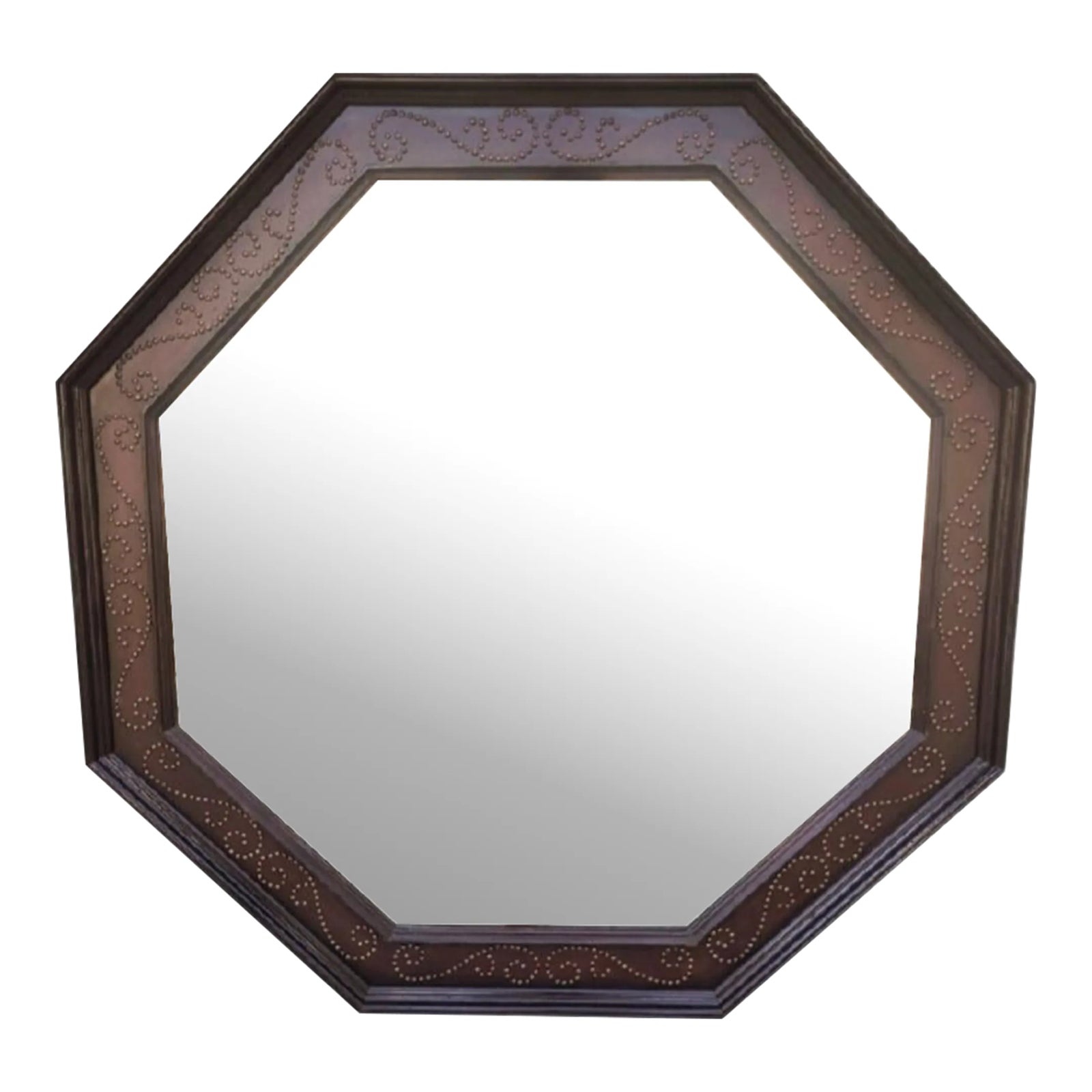 Massive Studded Vintage Octagonal Dark Wood Faux Leather Wall Mirror ...