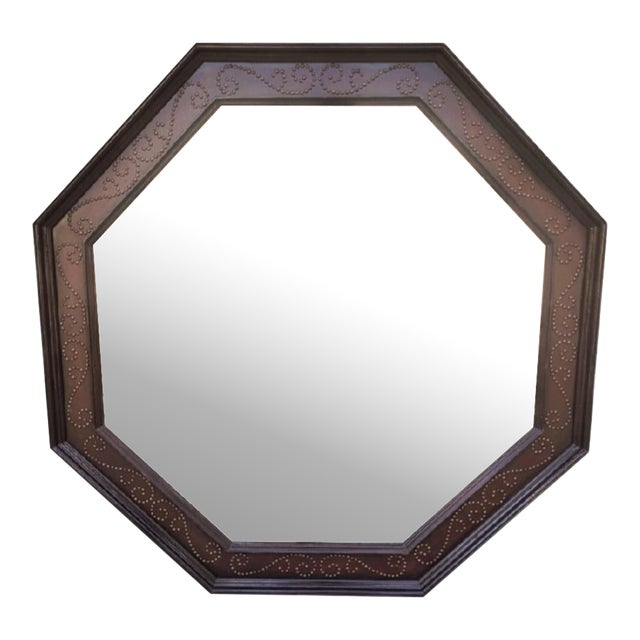 Massive Studded Vintage Octagonal Dark Wood Faux Leather Wall Mirror For Sale