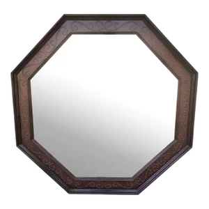 Massive Studded Vintage Octagonal Dark Wood Faux Leather Wall Mirror