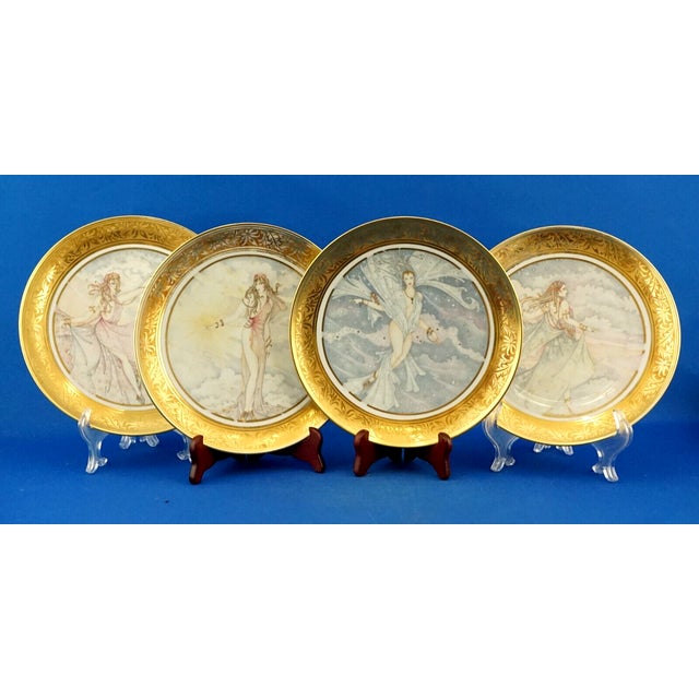 Art Nouveau Style Porcelain Plates with Ladies Motif and Gilt Edges by Umberto Banchelli for Manufacture Seltmann Weiden, Bavaria, 1980s, Set of 4 For Sale - Image 3 of 18