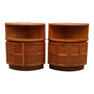 Pair of Vintage Mid Century Modern Teak Low Corner Cabinets by Nathan For Sale