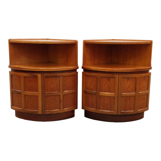 Pair of Vintage Mid Century Modern Teak Low Corner Cabinets by Nathan For Sale