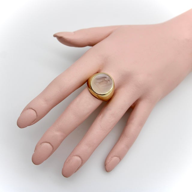 Metal Vintage White Chalcedony Eagle Intaglio 14k Gold Signet Ring, Size 8.5 For Sale - Image 7 of 10
