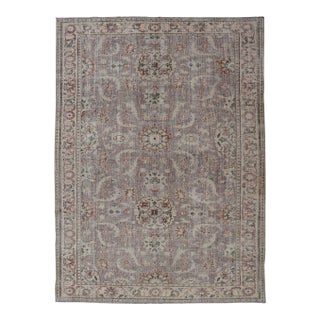 Mid 20th Century Vintage Turkish Distressed Oushak Rug With All-Over Floral Design in Lilac Color For Sale