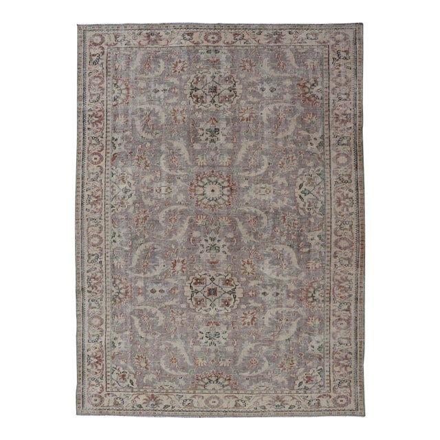 Mid 20th Century Vintage Turkish Distressed Oushak Rug With All-Over Floral Design in Lilac Color For Sale