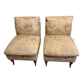 Pair of Vintage Floral Slipper Chairs With Turned Legs & Brass Casters For Sale