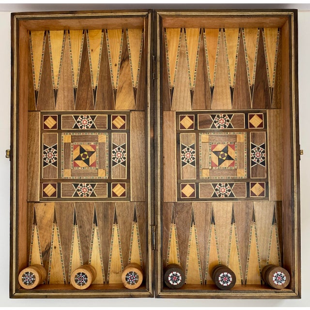 Brown Syrian Style Mosaic Wooden Inlaid Marquetry Box Backgammon Set For Sale - Image 8 of 8