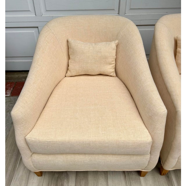 Contemporary Pair of Vintage Curved Barrel Chairs in Pale Apricot Linen Blend For Sale - Image 3 of 16