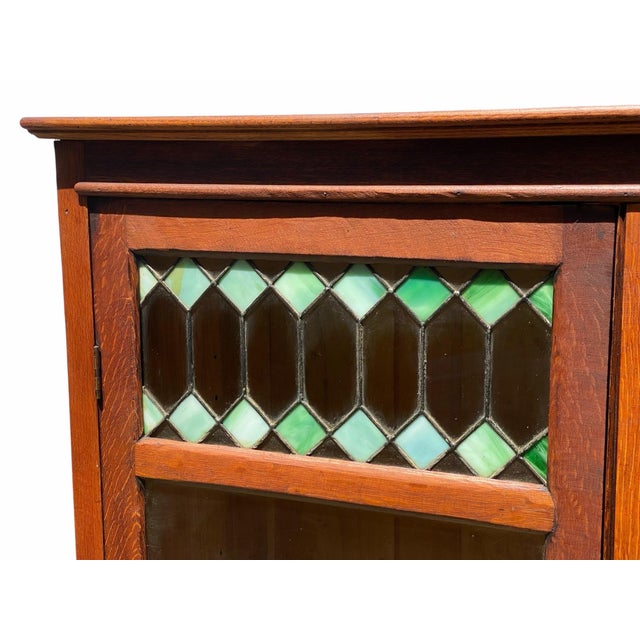 Early 20th Century Antique Oak Larkin Bookcase / China Cabinet With Green Slag Glass Doors For Sale - Image 5 of 12