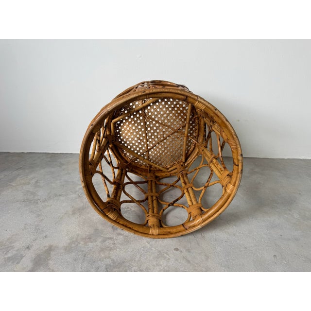 Brown Vintage Boho Chic Tortoise Shell Finish Bamboo Cane Top Drum Side Table/ Sold For Sale - Image 8 of 8