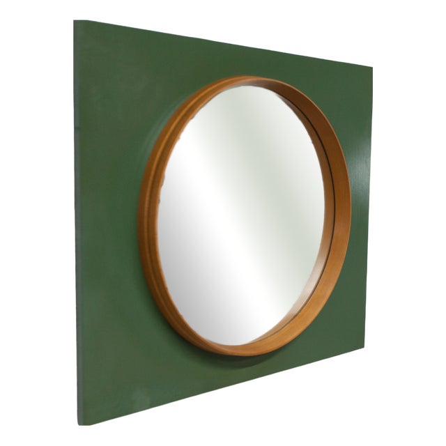 Round Teak Wall Mirror on Green Rectangular Board, 1960s For Sale