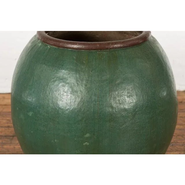 Ceramic Large Thai 1950s Green Glazed Ceramic Planter with Brown Lip & Tapering Body For Sale - Image 7 of 13