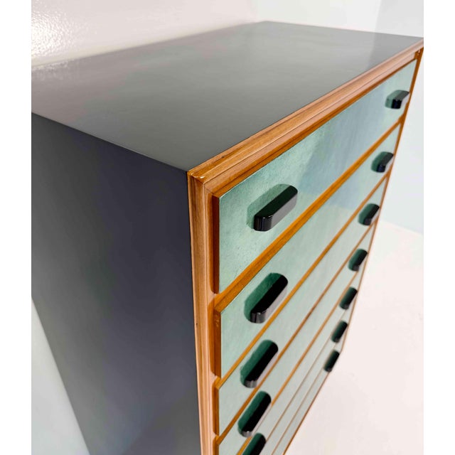 Aqua Italian Chest of Drawers in Emerald Green Parchment and Walnut with Black Details, 1950s For Sale - Image 8 of 15