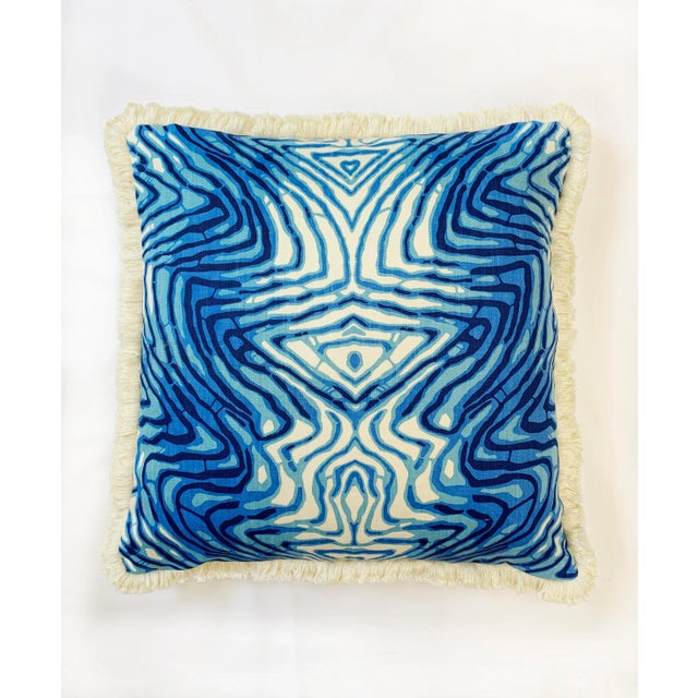 Artisan “Wavelength” Ultramarine - Sustainably Handprinted on Hemp/Cotton Twill 22” Pillow - For Sale - Image 11 of 12