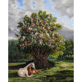 Yggdrasil by Robin Hextrum | Oil on canvas Tree with animals and flowers in a landscape setting For Sale