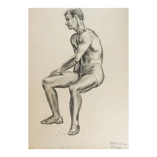 Vintage 1950 Charcoal Study Seated Male Figure Drawing For Sale